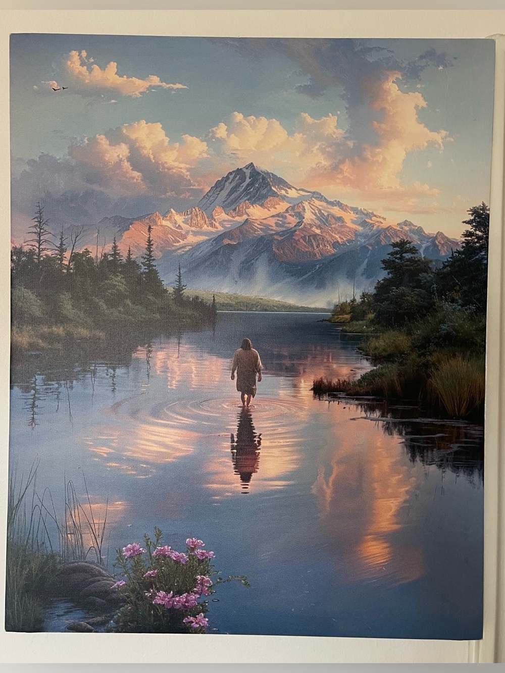 Jesus Scenic Mountain Lake Canvas Wall Art - Blue and Pink Landscape